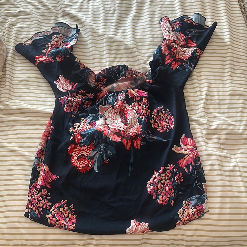 Blue and Black Flutter Sleeve Blouse with Ruffled Peter Pan Collar